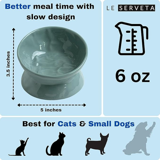 Ceramic Raised Cat Bowl, Elevated Pet Food Bowl for Small Dog, Cute Cat Dish Tilted, Whisker Fatigue, Wrinkle Texture,Teal, Blue (Tilted)