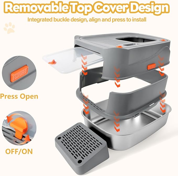 Stainless Steel Litter Box with 180° Flip-Top Lid, XXL 23.6”x 15.7”x 15.7” Enclosed Removable Metal Litter Cat Box with Filter Pedal, Scoop, Anti-Leakage, Non-Sticky, Easy Cleaning (Dark Gray)