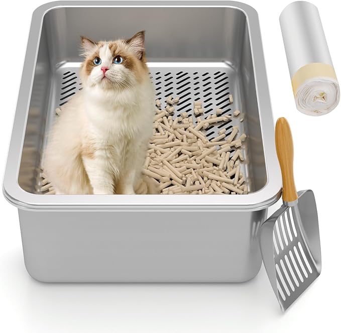 Stainless Steel Sifting Litter Box,Metal Sifting Cat Litter Box for Wood Pine Pellets,Medium Sifter Litter Pan System for Small Cats,Odor Control,Easy to Clean,with Litter Boxes Liners and Metal Scoop
