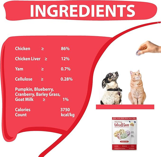 Freeze Dried Chicken Cat & Dog Waffle Treats - Made with Human Grade Chicken Breast & Liver - 5 Natural Flavors - Healthy, Tasty, Dry Food for Indoor Cats, Dogs - Inspected & Tested in USA