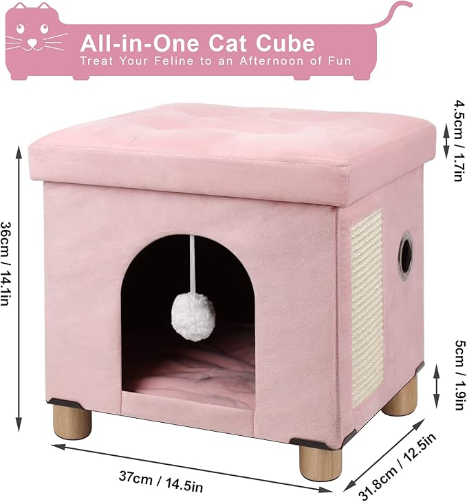 BRIAN & DANY Cat House for Indoor Cats, Cat Cave Bed for Pet, Cat Cube with Cat Scratch Board & Cat Ball, 14.7" x 14.1” x 12.7”, Pink