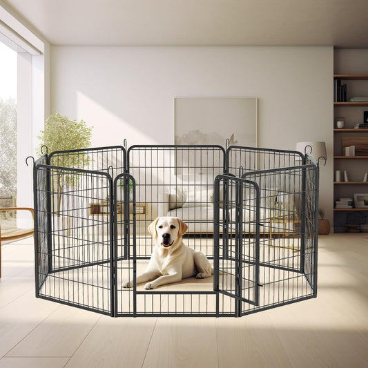 Dog Playpen, Outdoor Dog Fence, 8 Panels, 32" H Dog Pen for Medium/Small Dogs, Heavy Duty Metal Pet Fence with Gate, Portable Dog Fence for RV Camping and Yard (Black)