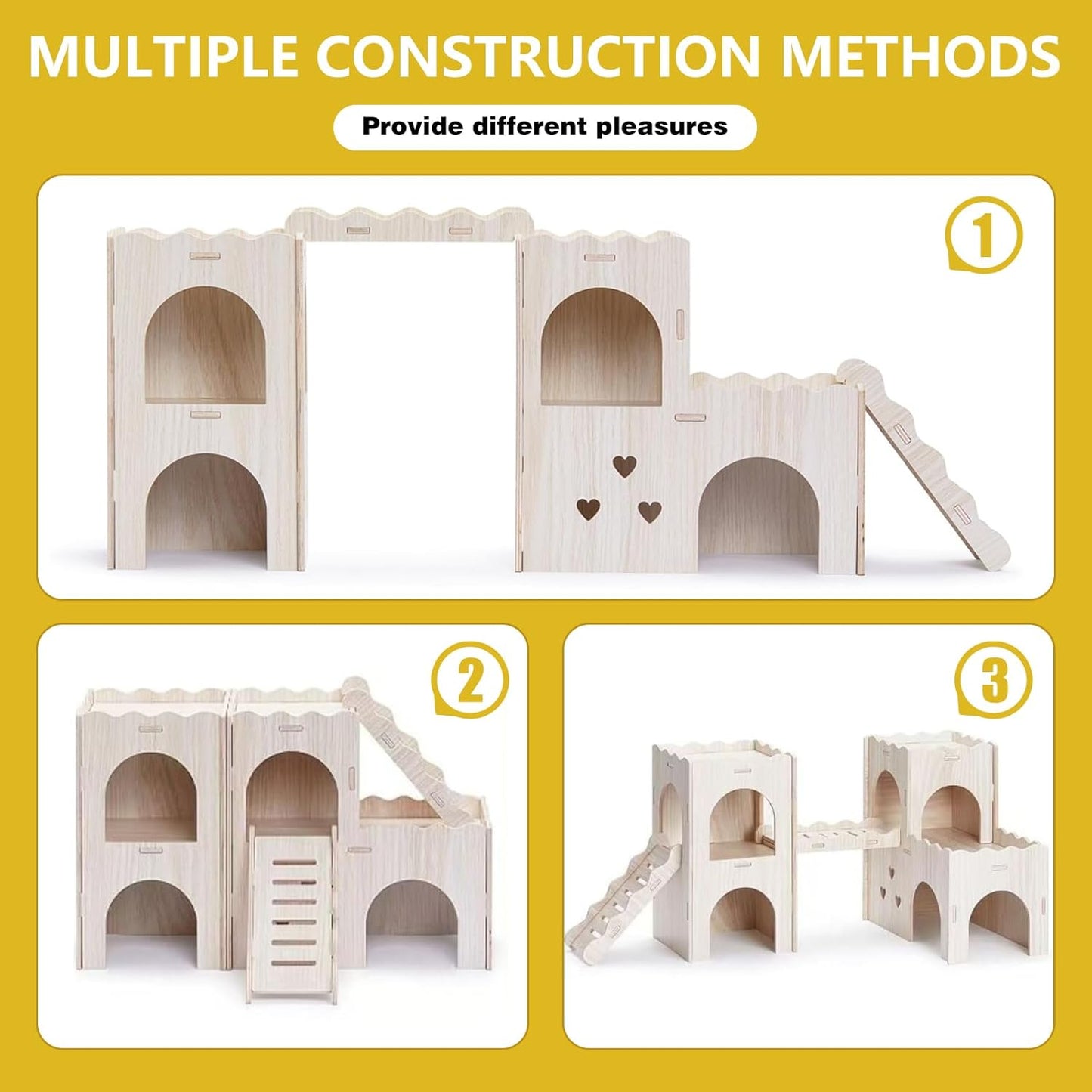 Large Wooden Hamster House Castle with Double Decker,Large Hamster, Wooden Hamster Houses,Dwarf Hamster Habitat Hideout with Climbing Ladder,Large Guinea Pig Castle Detachable Hideouts(B)