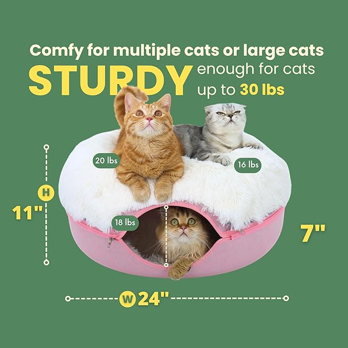 CATTASAURUS Peekaboo Cat Cave for Multiple & Large Cats Up to 30-45 Lbs, Fluffy Cat Beds for Indoor Cats, Scratch Detachable & Washable Tunnel Bed, Comfy Donut Cat Cave (Pink, Large (Calming))