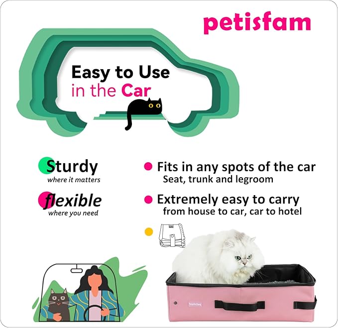 Portable Cat Travel Litter Box with Zipped Lid to Keep Odor and Litter Contained. Lightweight to Carry to Anywhere. Easy to Clean (Pink, Large)