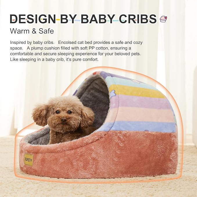 Jiupety Cute Cat Beds for Indoor Cats, Cat Cave Bed for Kittens, Hideaway Cat House for Cats & Small Dog with Anti-Slip Bottom, Washable Removable Cushion, L(19"x17"x16"), Rainbow