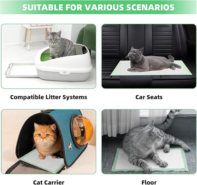 IMMCUTE Cat Pads 16.9"" X 11.4"", Lemon Scent, 30 Ct, Pee Pads for Cats, Thickened Super Absorbent Pee Pads, Odor Control, Cat Pads for Litter Box System, Cat Pad Refills, Cat Litter Pads, Green