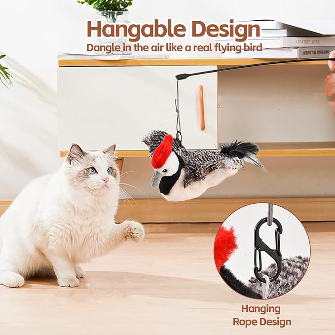 Flappy Bird Cat Toy for Indoor Cats, Simulated Chirping Flapping Wings Bird, Interactive Catnip Toys, Plush Kitten Exercise Toys (Woodpecker)