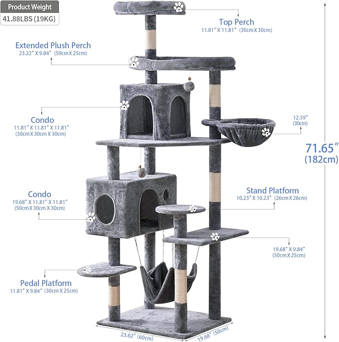 Cat Tree 71.6 inches Cat Tower for Indoor Cats, Multi-Level Cat Condo Furniture with Scratching Posts, Plush Perches, Activity Center with Cozy Basket & Hammock for Large Cats,Light Gray