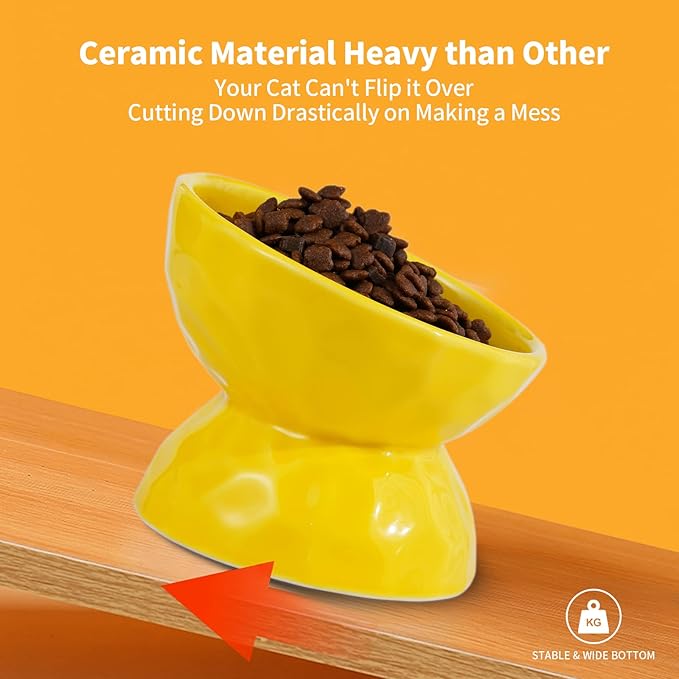 AOMRYOM Ceramic Tilted Raised Cat Food and Water Bowl Set, Elevated Stress Free Feeding Pet Bowl Dish for Cats and Small Dogs, Protect Cat's Spine, White & Yellow, Set of 2