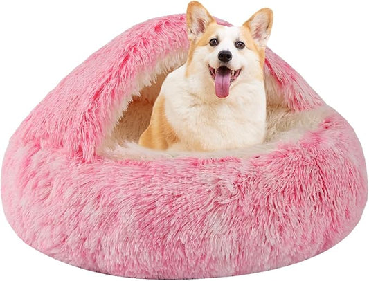 Round Hooded Cat & Dog Bed with Cover Cave, Faux Fur Cuddler - Self Warming Donut Bed Fits up to 12 lbs Pets (Pink, 20" x 20")