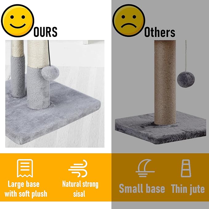 Dimaka Tall Cat Scratching Post, Double Lower Posts Extra Stable Cat Post Tree Scratcher with Sisal Rope and Teasing 4 Balls Total Large Base (Grey)