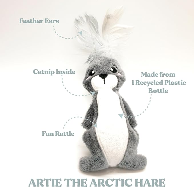 Arctic Collection Cat Toy | Feather Arctic Hare for Indoor Cats | Cute Interactive Plush Toys for Swatting & Playing | Eco-Friendly & 100% Recycled Materials
