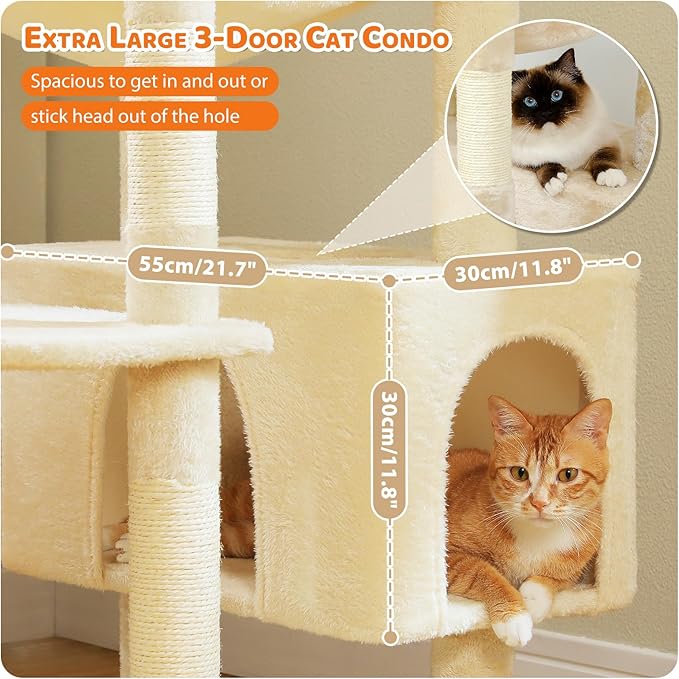 PAWZ Road Heavy Duty Cat Tree for Large Cats, 81 Inches Tall Cat Tower with 2 Perches, 2 Condos and Spacious Hammock, XL Extra Large Condo with 7 Scratching Posts for 20lb+ Adult Cats,Beige