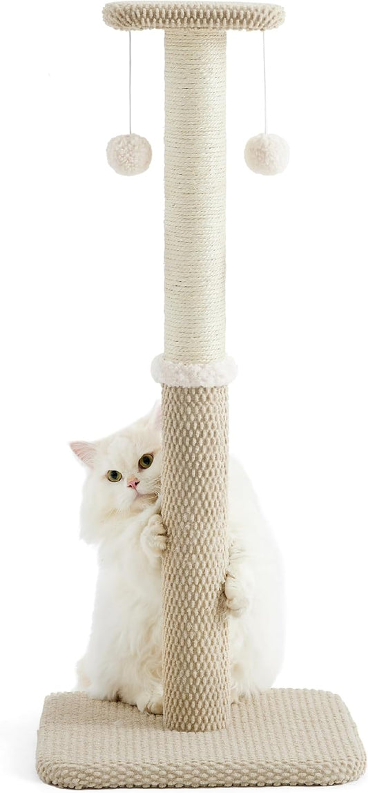 Lesure 34" Tall Cat Scratching Post - Premium Sisal Rope Highly Resistant Carpet Scratching Posts for Indoor Cats Adults, Sturdy Large Cat Scratch Pole with Hanging Ball, Beige(34 inch)