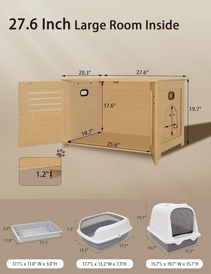 DINZI LVJ Litter Box Enclosure, Wooden Cat House with Good Ventilation, 27.6" Hidden Cat Washroom, Entrance Can Be on Left or Right, Indoor Litter Box Furniture, End Table, Natural
