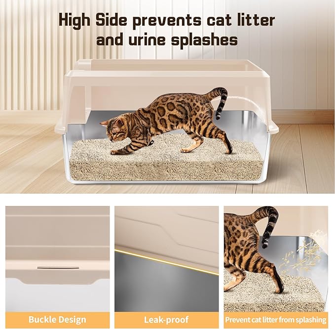 Stainless Steel Litter Box, XXXL 27.6" H x 19.7" W x 11.8" H Extra Large Metal High Sided Cat Litter Box with Scoop, Leak-Proof, Easy Clean for Big Cats/Multiple Cats (Khaki)