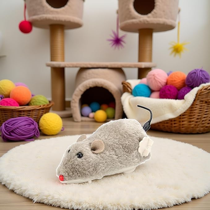 Brown Wind Up Plush Mouse - Mouse Hunting , Feathered Cat Toy, Interactive Wind Up Mouse for Cats Life Like Simulation, Plush Rats Mouse Chasing Interactive for Indoor Kitties Cat Mice and Animals
