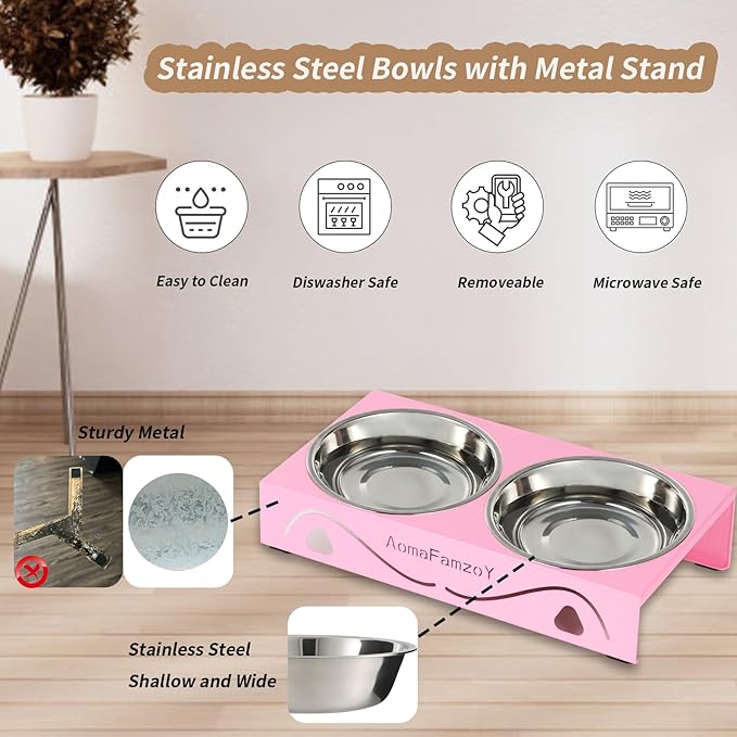 2 Pack Cat Food Bowls - Indoor Set with Metal Stand,5° Tilted Anti Vomiting Wide Raised Pet Dish, Cute Elevated Cat Feeding Station for Food Water, 4 Stainless Steel Bowls for Kitten, Puppy,Pink