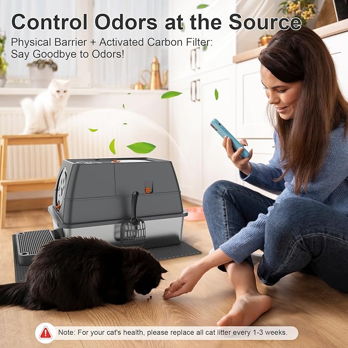 Stainless Steel Cat Litter Box with Lid XL Extra Large Kitty Litter Box Enclosed Top Entry Metal Litterbox for Big Cats Easy Cleaning Anti-Leakage & High Sided with Mat Aisle & Scoop (Dark Grey)