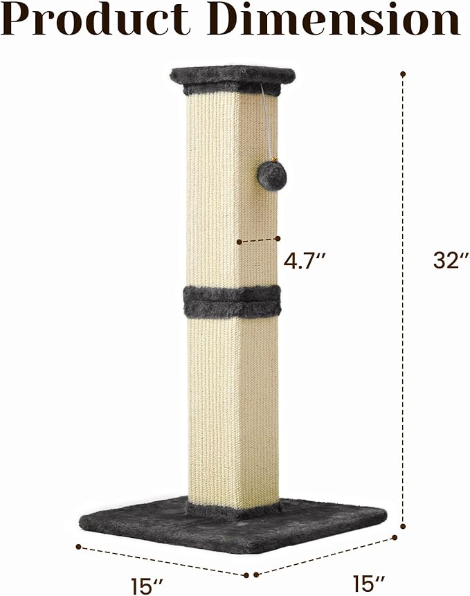 Cat Scratching Post with Hanging Toy Ball, 32-Inch Tall Sisal Cat Scratcher for Indoor Cats, Grey