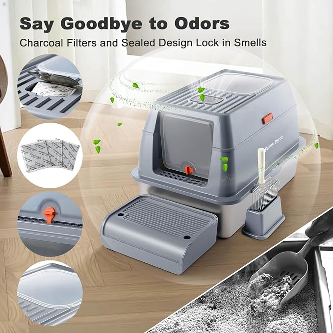 Stainless Steel Metal Cat Litter Box Large Enclosed with Lid, Dog Proof Jumbo Hooded High Sides for Big Cats, Indoor Multi Cat Use - Deep Design & No Smell