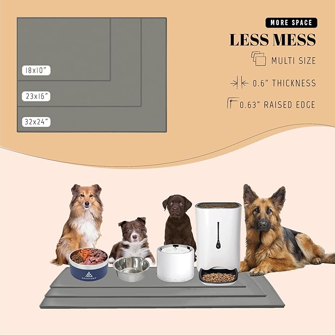 AVERYDAY 23x16'' Silicone Dog Mat for Food and Water, 0.63'' Edge Dog Food Bowl Mats for Floor Waterproof, Dogs Water Mat for Sloppy Drinker, Non Slip Rubber Pet Feeding Mats for Indoor Dogs and Cats