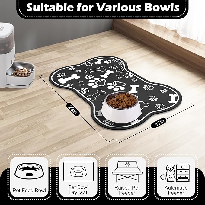 Dog Cat Food Mat,Rapid Absorbent Pet Feeding Mat, Bone Shaped Dog Placemat Water Bowl Mat with Rubber Backing,No Stains Dog Cat Food Mats Indoor, Pet Accessories Supplies 17"×29" Black