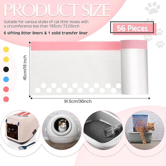 56 Count Sifting Cat Litter Bags Jumbo Thick Cat Litter Box Liners with Holes Disposable Extra Large Feline Pan Liners with Drawstring Scratch Resistant Quick Clean for Kitty Litter Box,36 x 18 Inch