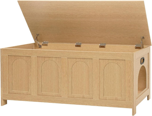 DINZI LVJ Cat Litter Box Enclosure, Flip Top Litter Box Furniture, Hidden Cat Washroom, 2-Entrances Wooden Pet House, 47.2" L x 18.7" W x 19.7" H, End Side Table, TV Stand, Easy to Assemble, Natural