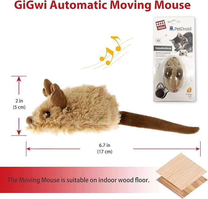 Gigwi Interactive Moving Mouse Cat Toy with Realistic Squeaky Sound, Automatic Mouse Toys for Indoor Cats, Electronic Mouse Toy for Self Play & Exercise(Brown Ear)