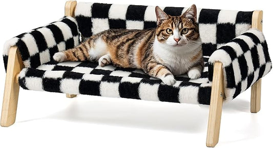 Elevated Cat Couch Bed for Indoor Cats - Wooden Pet Sofa with Removable Washable Thick Cover Raised Kitty Lounge Chair Suitable for Puppy or Small Animals(Cat Sofa Chessboard)