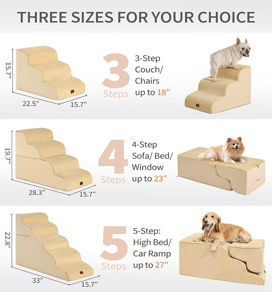 Made4Pets Dog Stairs Ramp for High Bed, 5-Step Pet Stairs for Bed Couch Sofa Climbing, 35D Foam Pet Steps for Small Dogs and Cats, Non-Slip Bottom Dog Steps, Tan
