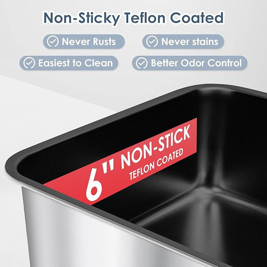 Non-Sticky Coated Stainless Steel Cat Litter Box with Lid Extra Large Litter Box for Big Cats XL Metal Litter Pan Tray with High Wall Sides Enclosure, Anti-Leakage, Easy Cleaning