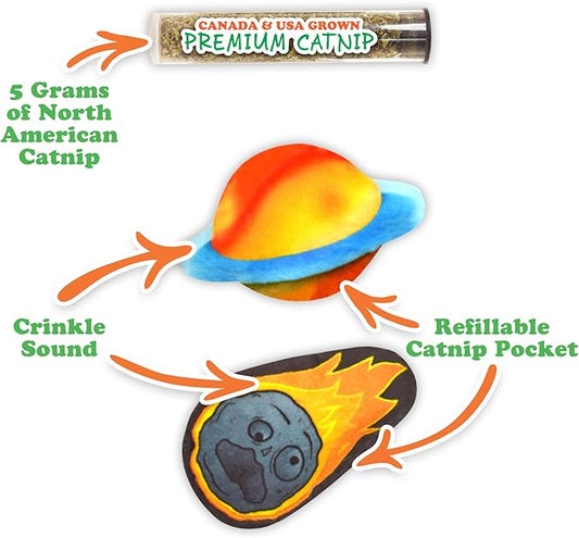 Meowijuana Refillable Cat Toys | Get Spacey - Planet and Meteor Catnip Toys | Includes Potent Hand Harvested Catnip Grown in North America | Promotes Play and Cat Health