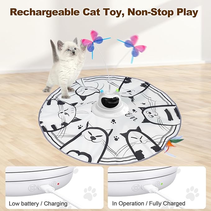 Cat Toys Interactive 2-in-1 Rechargeable Unpredicatable Moving Feather Cat Wand Hide and Seek, Spinning Butterfly, Kitten Toys for Indoor Cats Exercise