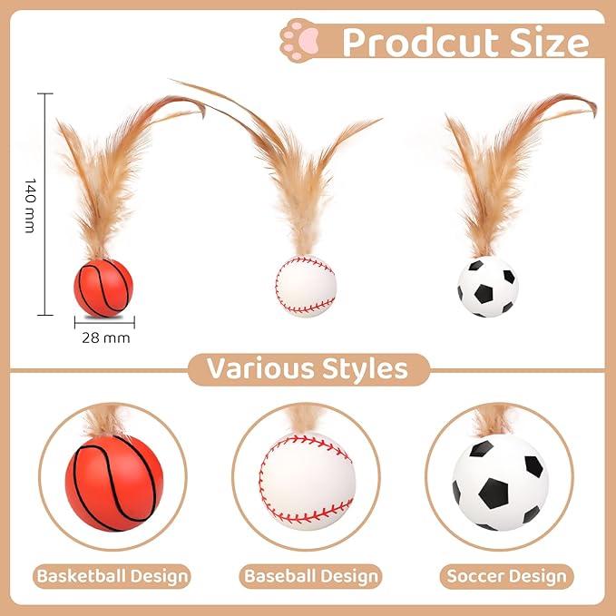 6PCS Interactive Feather Ball Toy for Cats, New Cat Bouncy Ball with Feather Tails, Elastic Cat Toy Balls for Indoor, Rolling Balls for Cats Playing Exercise
