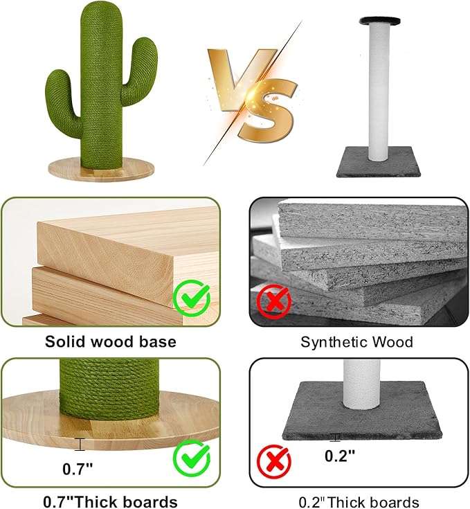 Cat Scratching Post with Solid Wood Base,39.37" Hx17.71 Lx17.71 W Tall Scratching Posts for Indoor Cats Adults,Cactus Thick Columns,Durable Lambswool and Jute,Large Scratcher Post (Large)