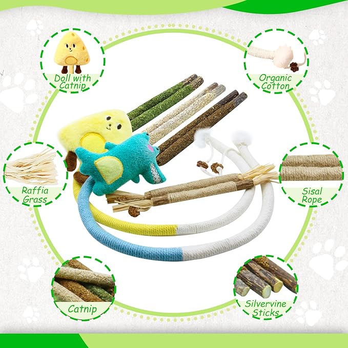 Catnip Toys for Cats, Kitten Chew Toys Silvervine Sticks for Indoor Cats Teeth Cleaning 10 Pack, Interactive Treat Dental Organic Cotton Chew Rope with Cute Dolls Catnip Inside
