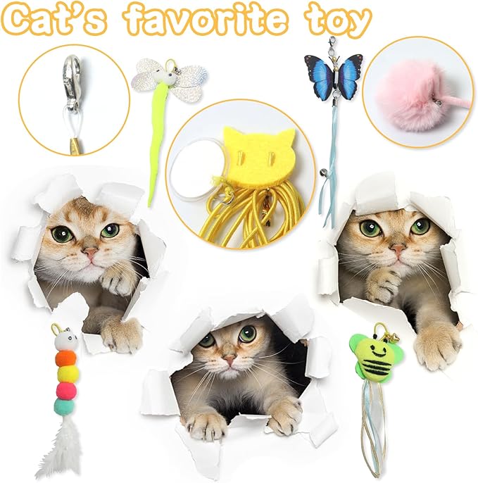 Cat Toys 6Pcs with Interactive Wand & Hanging Door Toys – Interactive Cat Feather Toy for Indoor Cats, Bored Cats – Includes Bells, Replaceable Heads, Adjustable Elastic Rope