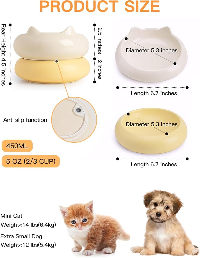 Cat Bowl, Ceramic Cat Bowls Food and Water Bowl Set, Whisker Friendly Cute Kitten Food Bowls for Protecting Pet's Spine, Beige & Yellow