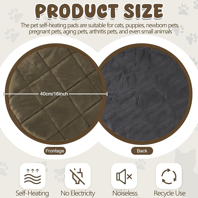 2 Pcs Cat Heating Pad Round 16 Inch Self Heating Cat Mat Washable Heated Bed Anti Slip Warming Pad Pet Bed Mat for Kennel Dog Crate Indoor Outdoor(Coffee,16 Inch)