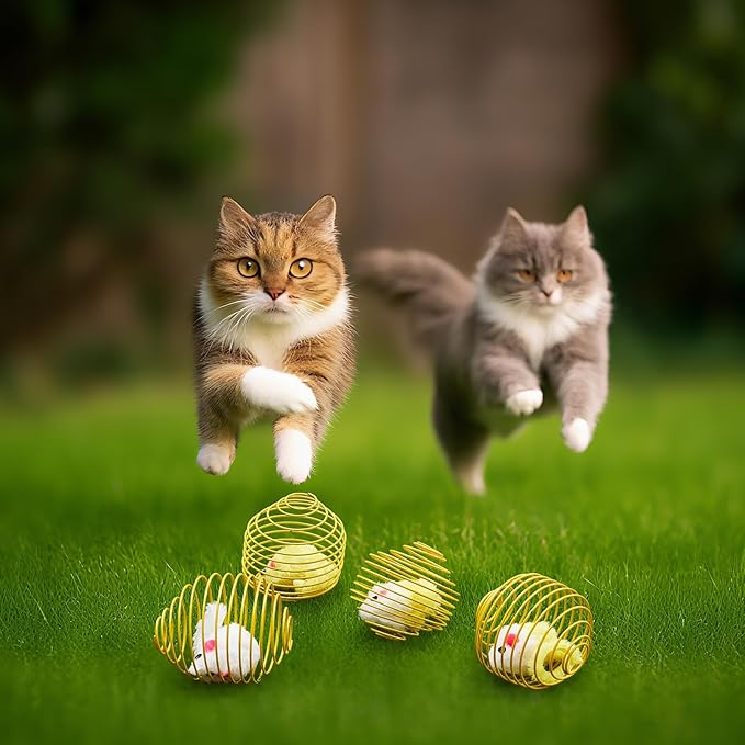 Jecery 5 Pcs Cat Spring Balls Stretchable Springs Toys Rolling Balls Colorful Playful Coils Interactive Spring Action Toy Caged Rats for Kitten Cat Pet Supplies Indoor (Yellow Mouse,Yellow)
