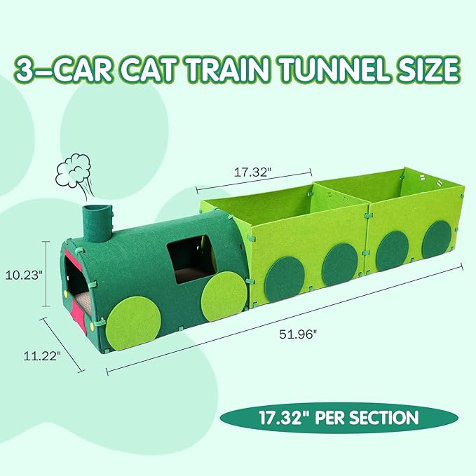 Cat Tunnel Train with Scratching Board, Cat Interactive Toys 51" Non-Foldable Rebound Felt Cute Pet Tube Round Indoor Pet Toy & Hideout for Small Medium Kitten