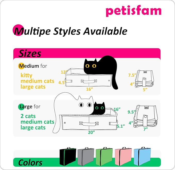 Portable Cat Travel Litter Box with Zipped Lid to Keep Odor and Litter Contained. Lightweight to Carry to Anywhere. Easy to Clean (Pink, Large)