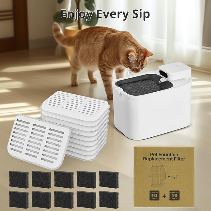 Filter Unit Rect For E VERSWEET MAX Cordless 105fl oz/3L Pet Cat Water Fountain Filter Replacement (Square-10 Filters+10 Sponges)