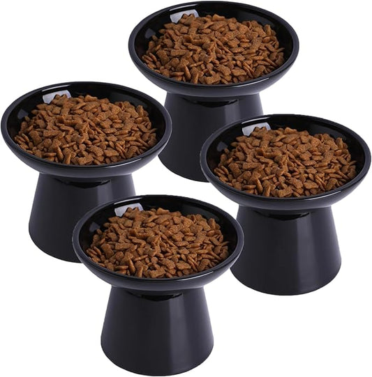 6.2 Inch Extra Wide Elevated Ceramic Cat Bowls, Food and Water Bowl Set for Elder Big Cats Small Dogs, Raised Design for Pet Easy Eating, Protect Cat's Spine Set of 4(Black)