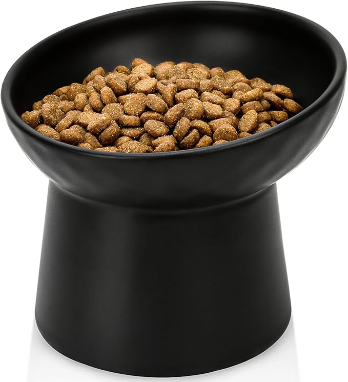 YauYik Raised Cat Bowl Black, Elevated Cat Food Bowls with Tilted Angle, Stress Free, Anti Vomiting, Ceramic Water Bowl for Cats Small Dogs Feeding Dish, 8 Ounces