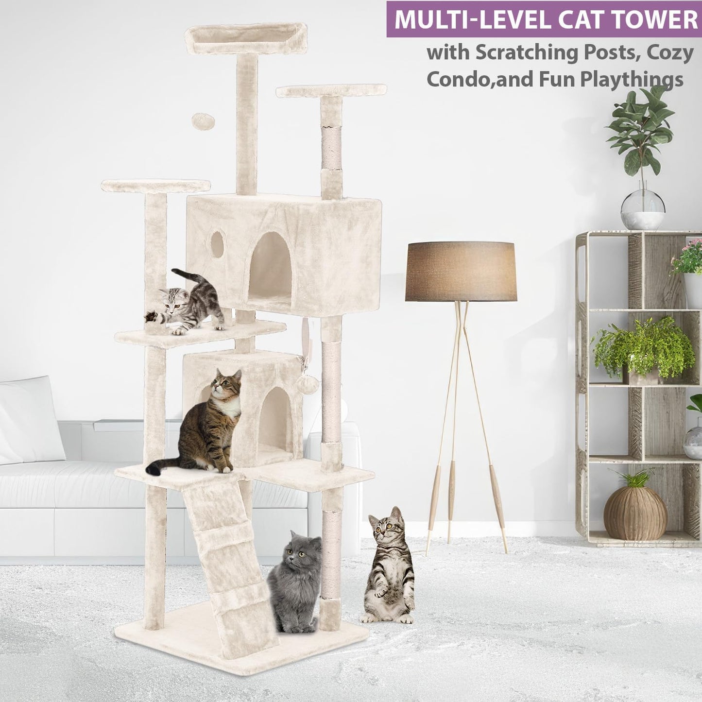 70 Inches Cat Tower for Indoor Cats Multi-Level Cat Condos XL Cat Tree Climbing Tower with Scratching Posts, Hanging Toys, Beige