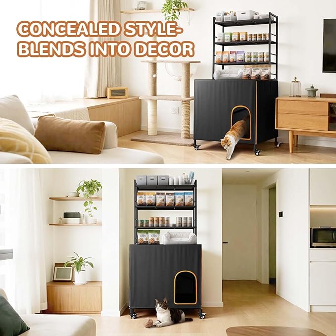 Lekereise Cat Litter Box Enclosure, Large Hidden Litter Box Furniture with Removable Waterproof Cover, Kitty Litter Box Furniture with 3-Tier Adjustable Shelves Storage and Wheels (70.87”H, Black)